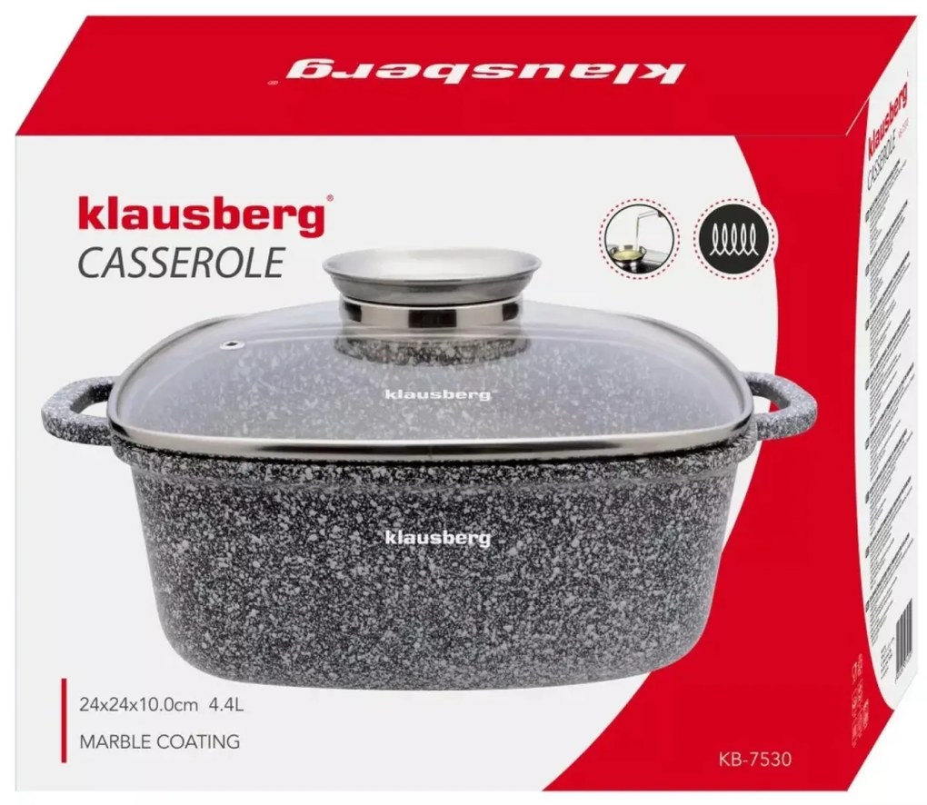 Oală pătrată cu capac 24x24 cm, 4.4L – Klausberg KB 7530, strat marmură, gri, compatibilă cu inducție, gătit fără ulei