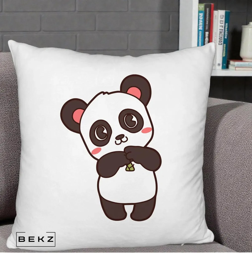 Perna Personalizata Panda Kawaii cu Bambus, 40x40 cm, Alb Pufos, Husa Detasabila, Perna Inclusa, BEKZ®