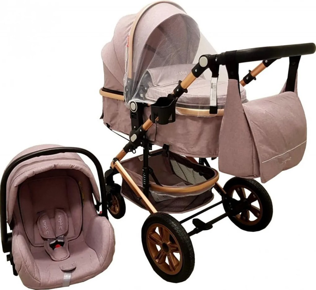 Carucior nou nascuti 3 in 1 Baby Care™ PRO 530 , Cu geanta bebe, Cadru Aluminiu Gold, Amortizoare, Roti din cauciuc plin AVE, Landou, Scoica auto,