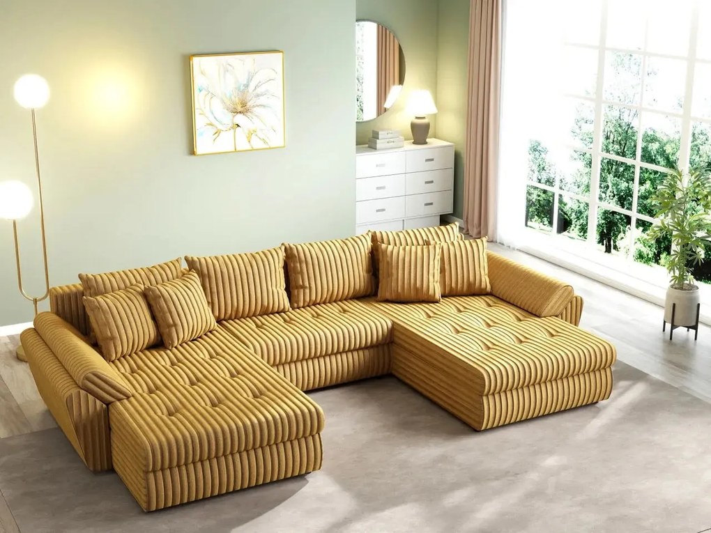 Colțar extensibil dumonde cu ladă de depozitare si sezut confortabil din spuma high-density, Loana U Ambience Mustar 355x185 cm