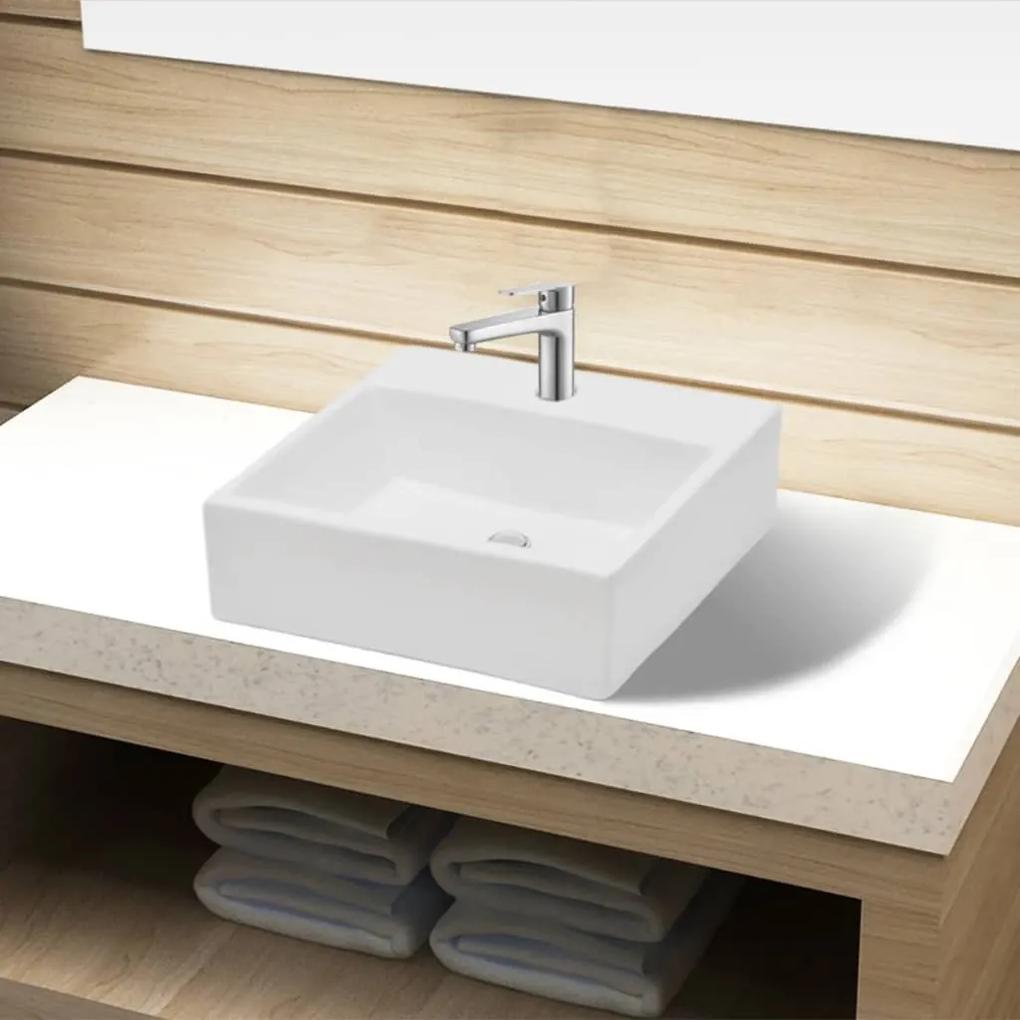 vidaXL Chiuvetă de baie, ceramică, cu orificiu pentru robinet, alb, pătrat