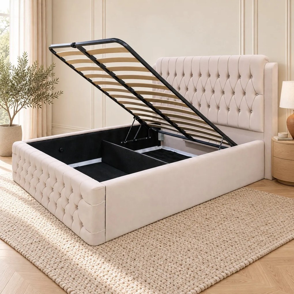 Pat tapițat Chesterfield din catifea Aveline Deluxe 140×200 cm, crem, cu ladă de depozitare