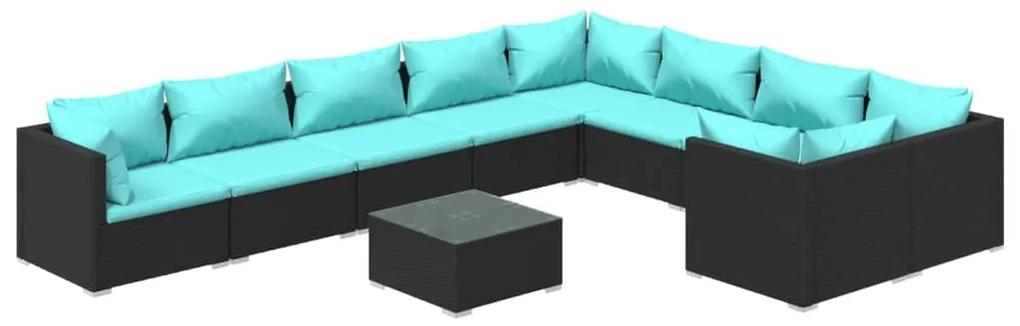 Set mobilier de gradina cu perne, 10 piese, negru, poliratan Negru si albastru, 4x colt + 5x mijloc + masa, 1