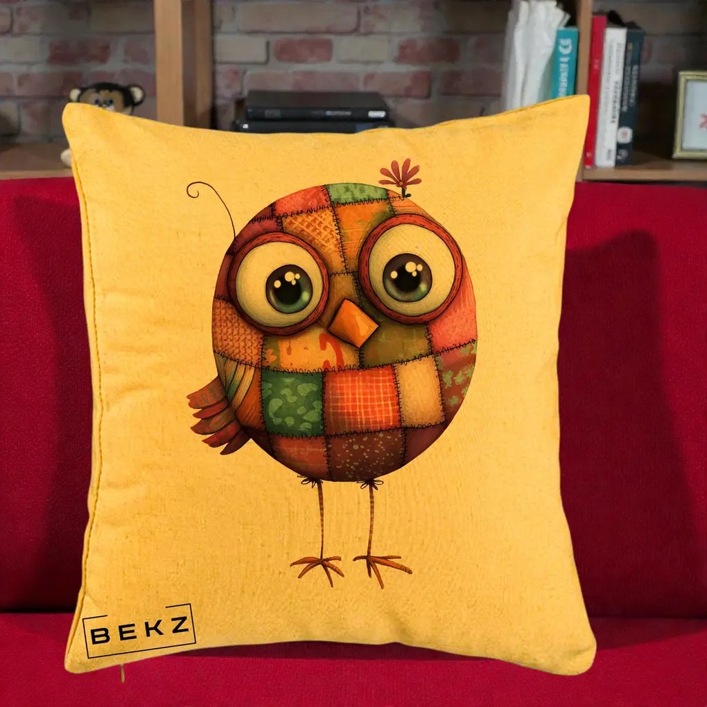 Perna Decorativa Pasare Patchwork Roz cu Floare, 40x40 cm, Galben, Husa Detasabila, Perna Inclusa, BEKZ®