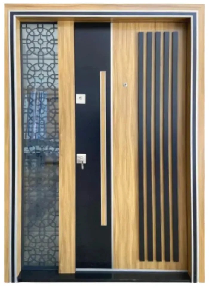 Usa metalica dubla de exterior cu izolatie si vizor Novo Doors NDS1000, Din compozit, 2 yale, Kit complet, Pentru case (Culoare: Nuc, Dimensiune: 140