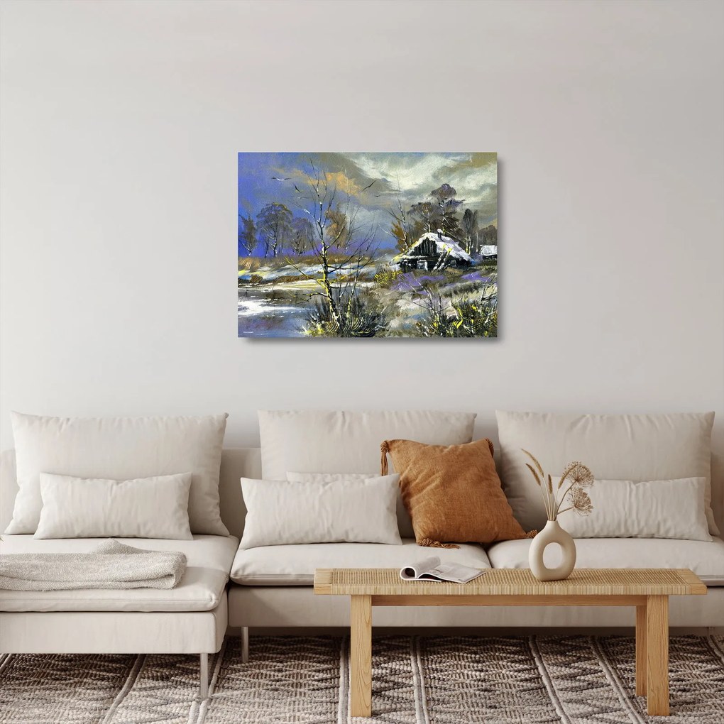 Tablou pe sticlă -Cabane într-un peisaj de iarnă, pictură în ulei (70x50 cm)