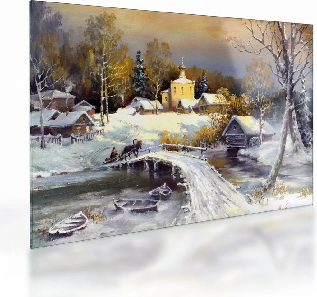 Tablou pe sticlă - Orășel iarna (70x50 cm)