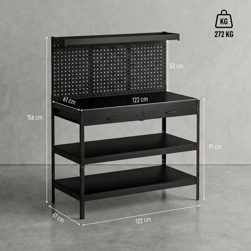 HOMCOM Banc de lucru cu rafturi reglabile, stație de lucru robustă cu panou perforat și 2 sertare, 122 x 61 x 156 cm, Negru | Aosom Romania