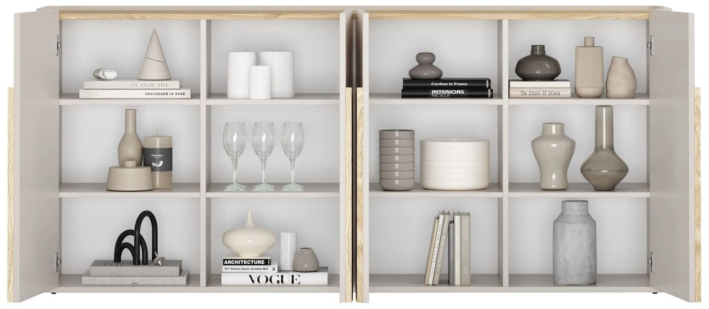 Comodă cu patru uși Amilio 200 cm - casmir / stejar uleiat / mânere stejar deschis