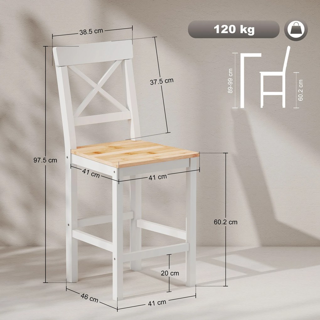 HOMCOM Set de 2 Taburete de Bar, Taburete de Bucătărie Înaltă cu Spătar Înalt, Suporturi pentru Picioare, din Lemn de Pin, Natural și Alb | Aosom Romania