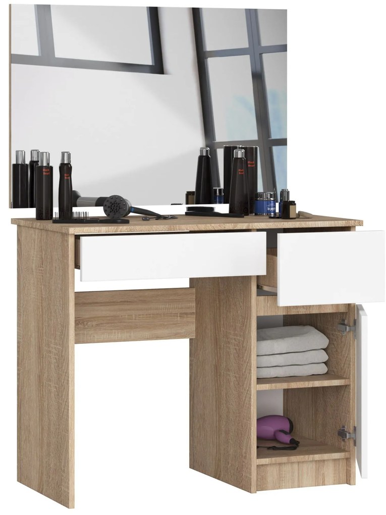 Masă de toaletă Parijat (Stejar sonoma + Alb) (cu oglindă) (D). 1070899