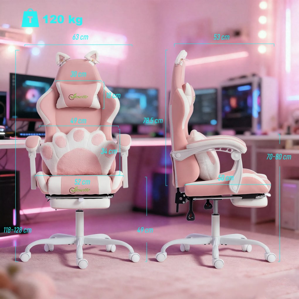 Vinsetto Scaun Gaming Ergonomic cu Urechi de Pisică, Fotoliu Gaming Birou Reclinabil din Piele Eco cu Suport pentru Picioare, Tetieră și Înălțime Reglabilă, Suport Lombar și Cervical, Roz | Aosom Romania