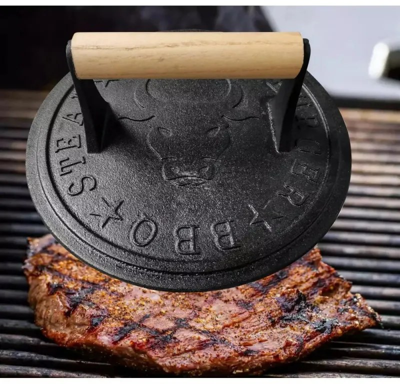 Presa din fonta pentru carne Kinghoff KH-1760, 22 cm, Maner din lemn, Negru/Lemn