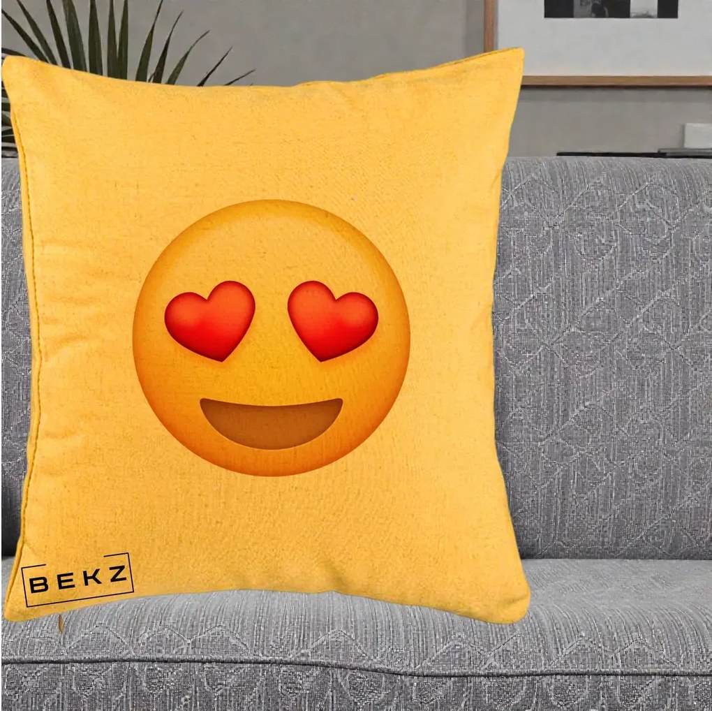 Perna Decorativa Emoji Inimi in Ochi, 40x40 cm, Galben, Husa Detasabila, Perna Inclusa, BEKZ®