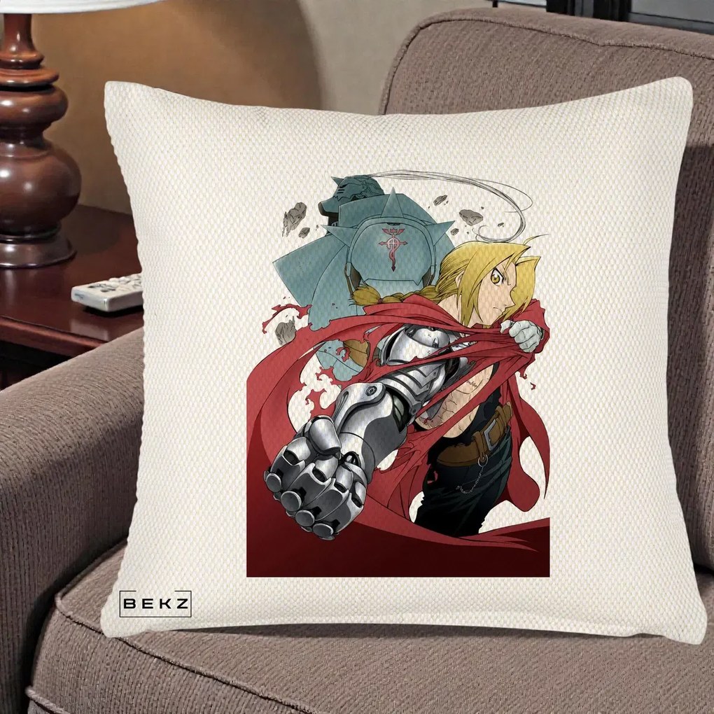 Perna Personalizata Fullmetal Alchemist Brotherhood Edward si Al Poster, 40x40 cm, Crem Reliefat, Husa Detasabila, Perna Inclusa, BEKZ®