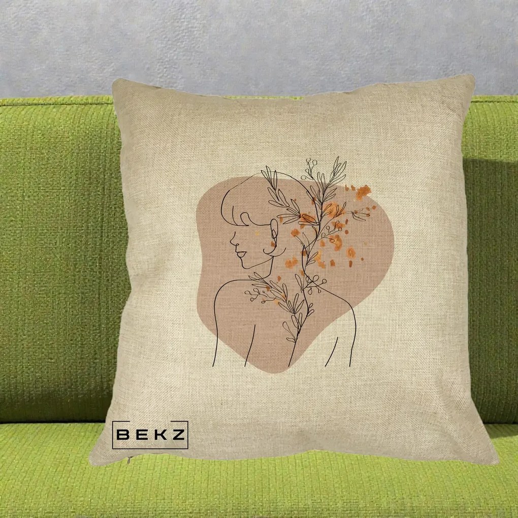 Perna Decorativa Femeie cu Flori Line Art Boho, 40x40 cm, Crem, Husa Detasabila, Perna Inclusa, BEKZ®