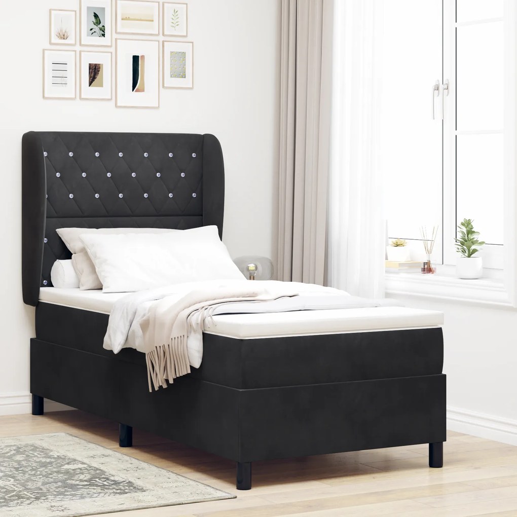 vidaXL Pat cu saltea cu arcuri Negru 90 x 190 cm, din catifea