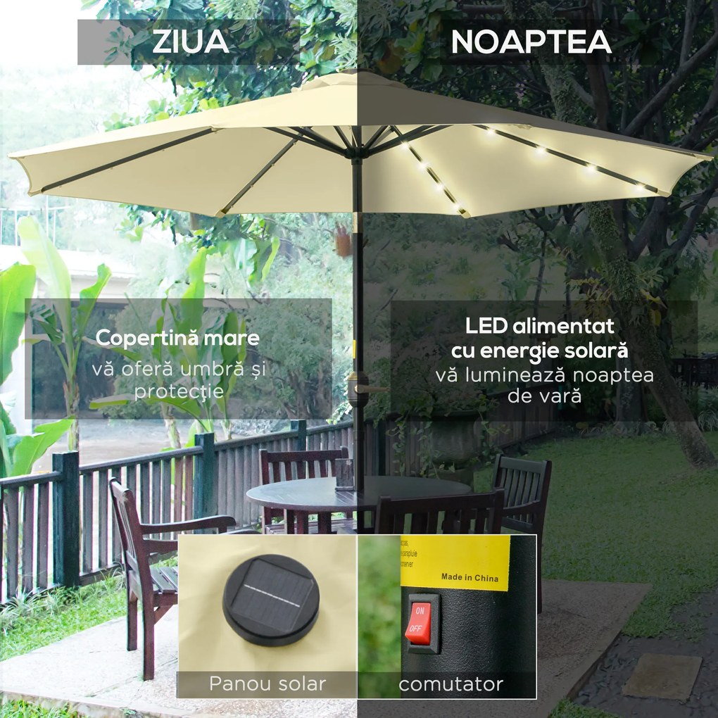 Outsunny Umbrelă de Grădină Inclinabilă Ø265 cm cu 32 Lumini LED Solare și Manivelă, Umbrelă de Exterior cu 8 Spițe, din Oțel, Poliester, pentru Terasă, Curte, Balcon, Bej | Aosom Romania