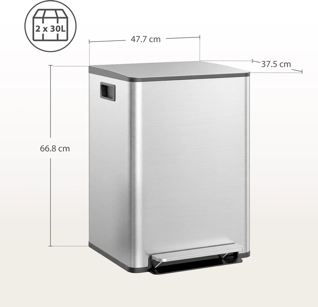HOMCOM Coș de Gunoi cu 2 Compartimente de 30L, Pedală și Capac Silențios, 47,7x37,5x66,8 cm, Argintiu | Aosom Romania