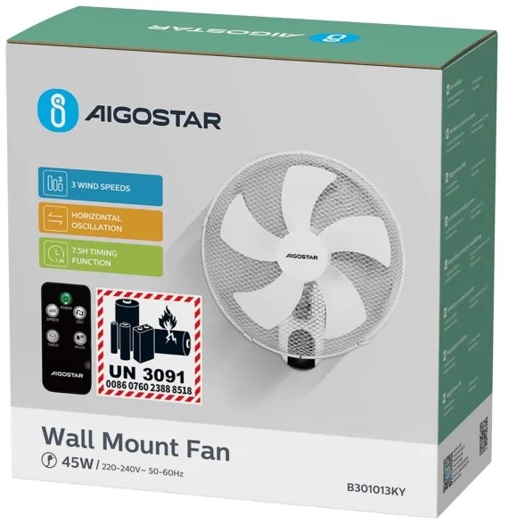 Aigostar -  Ventilator de perete 45W/230V alb + Telecomandă