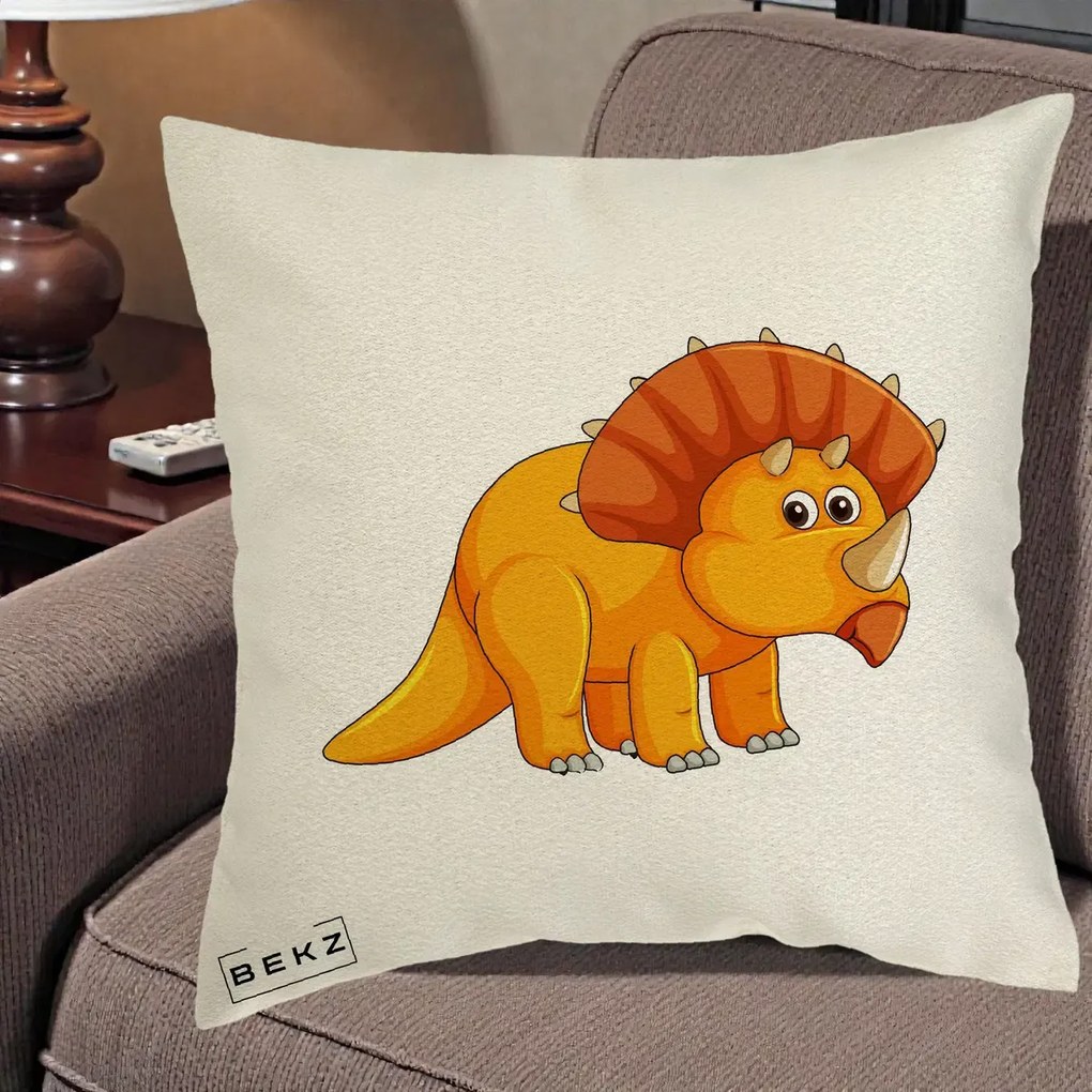 Perna Decorativa Triceratops Portocaliu, 40x40 cm, Ecru, Husa Detasabila, Perna Inclusa, BEKZ®