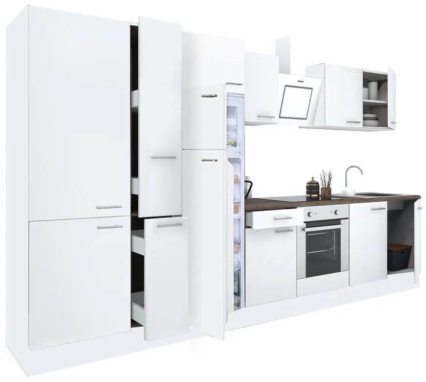 Mobilă de bucătărie Yorki 360, corp alb, față alb satinat cu element cuptor inferior, dulap cu rafturi și frigider cu congelator superior.