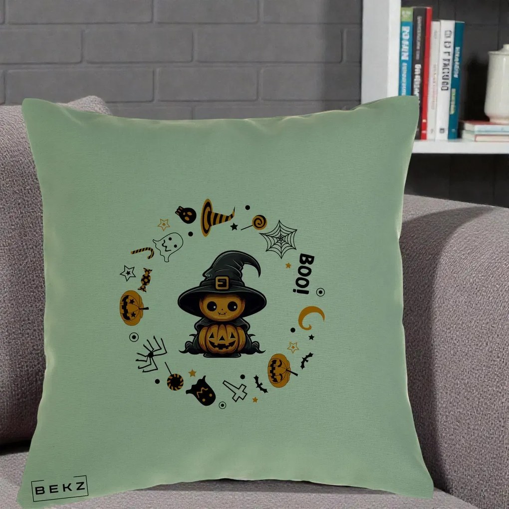 Perna Decorativa Halloween Dovleac Vrajitor Boo cu Simboluri, 40x40 cm, Verde, Husa Detasabila, Perna Inclusa, BEKZ®