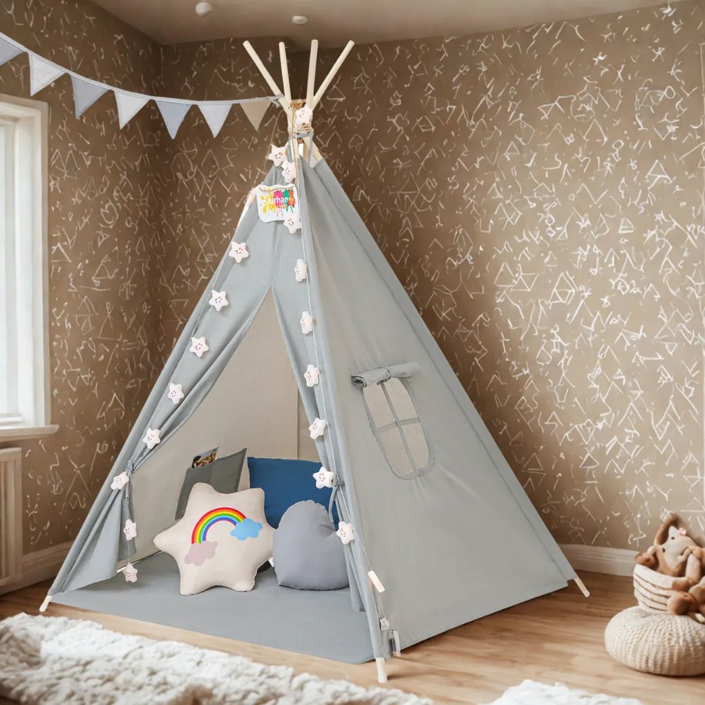 Jurhan Cort tip teepee pentru copii JULIUS, 120x120x160cm, gri/albastru