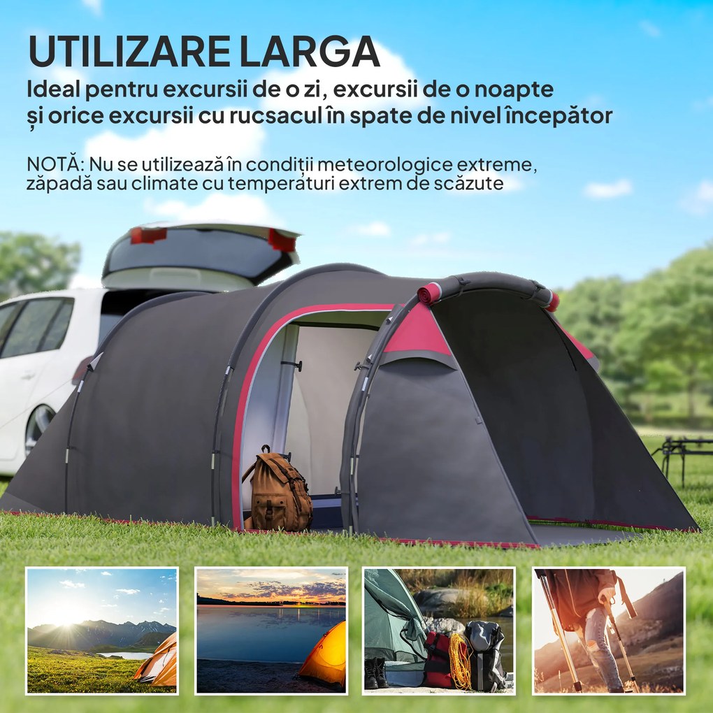 Outsunny Cort pentru Camping 2 Locuri cu Vestibul Mare, Cort Impermeabil Usi cu Fermoar, 426x206x154cm Gri | Aosom Romania