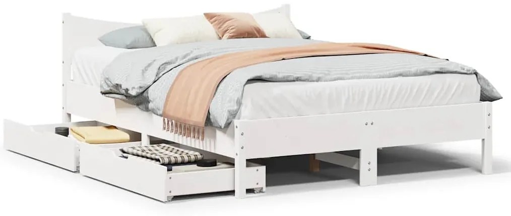 vidaXL Cadru de pat cu sertare, alb, 120x190 cm, lemn masiv pin