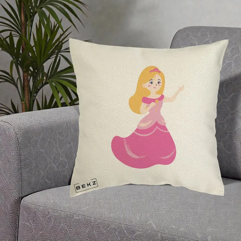 Perna Personalizata Printesa Roz cu Microfon, 40x40 cm, Ecru, Husa Detasabila, Perna Inclusa, BEKZ®