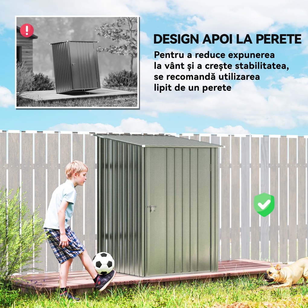 Outsunny Căsuță de Grădină 0,92m² din Oțel Galvanizat, Căsuță pentru Unelte cu Ușă Blocabilă și Acoperiș Înclinat, 100x104x160 cm, Argintiu Gri | Aosom Romania