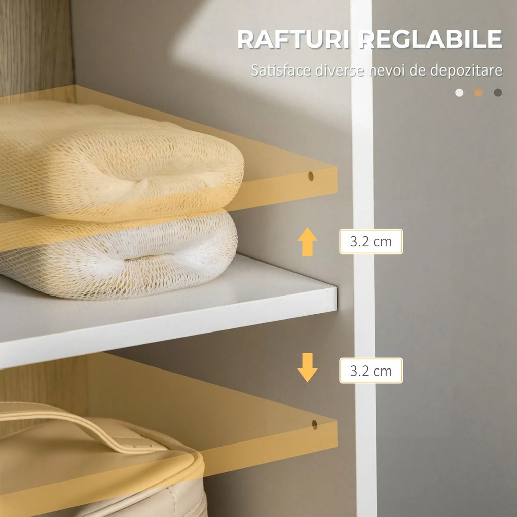 Kleankin Dulap Înalt Baie, 2 Rafturi Deschise, 2 Dulapuri, Design Modern, Natural/Alb | Aosom Romania