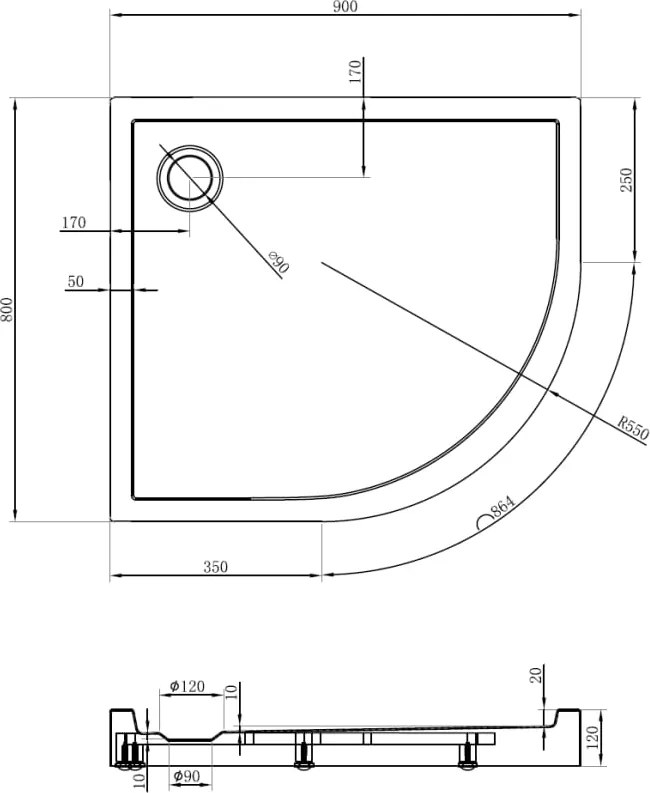 Mexen Flow+ cadă semicirculară asimetrică stânga 90 x 80 cm, luciu alb - 46Q108090LH