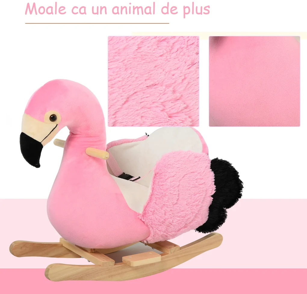 HOMCOM Balansoar Flamingo pentru Copii, Leagăn Moale din Pluș pe Structură de Lemn, Jucărie Interactivă 60x33x52cm Roz | Aosom Romania
