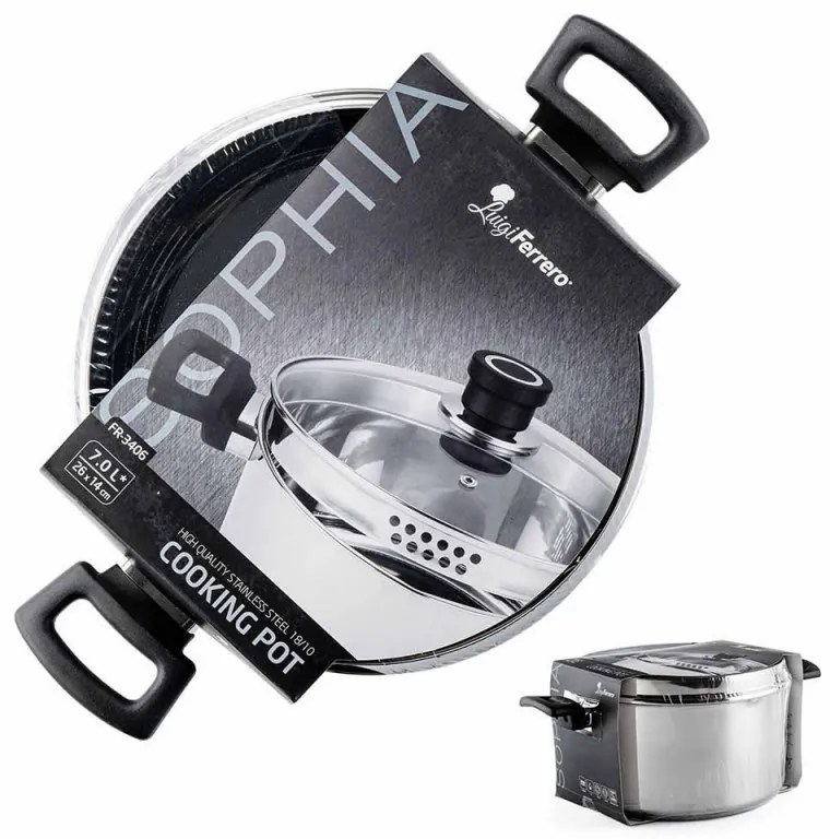 Cratiță Luigi Ferrero Sophia FR-3406, 26x14 cm, 7 l, Oțel 18/10, Capac din sticlă, Inducție, Inox