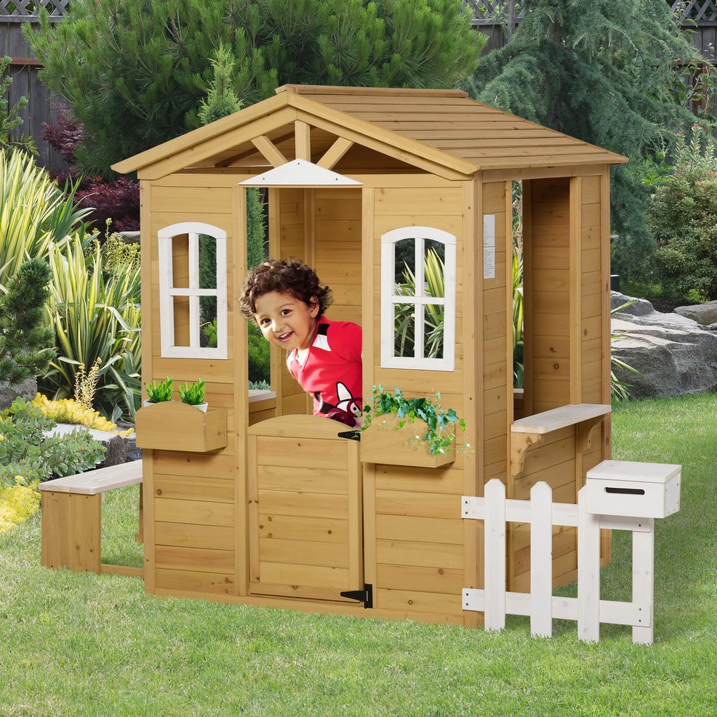 Outsunny Cabana de joc pentru copii casa de gradina din lemn cu usa si ferestre, banc, cutie postala, garda, 3-6 ani | Aosom Romania