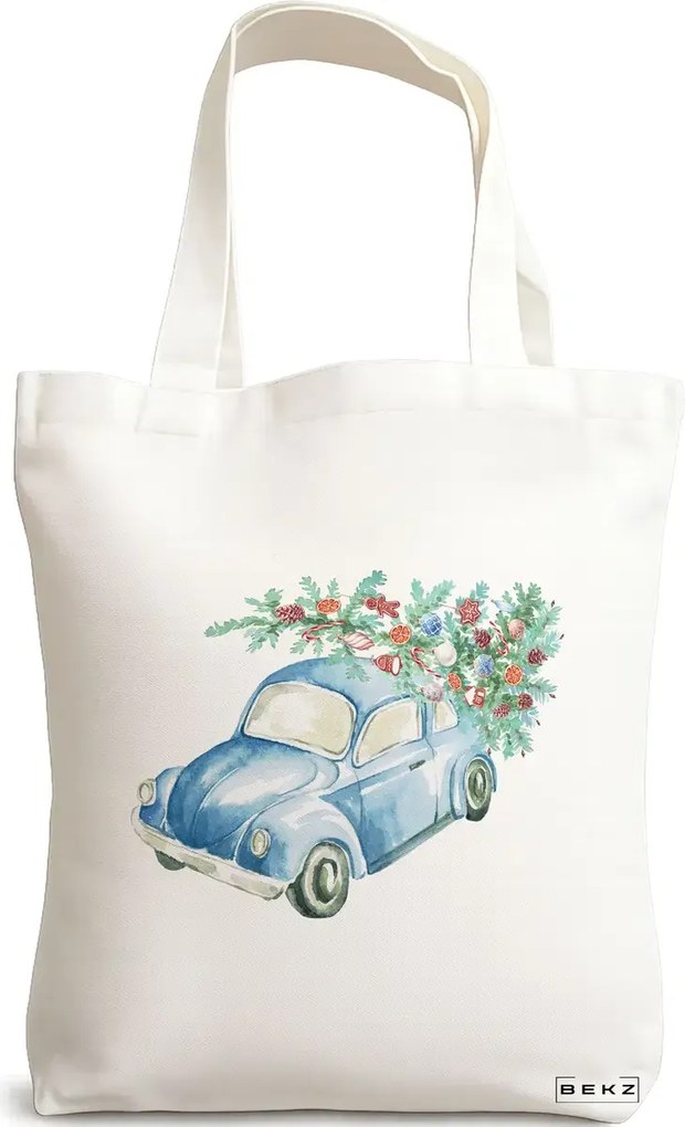 Sacosa de Panza pentru Cumparaturi, Geanta Tote, model Watercolor Car, 38x34.5 cm, Alba, BEKZ®