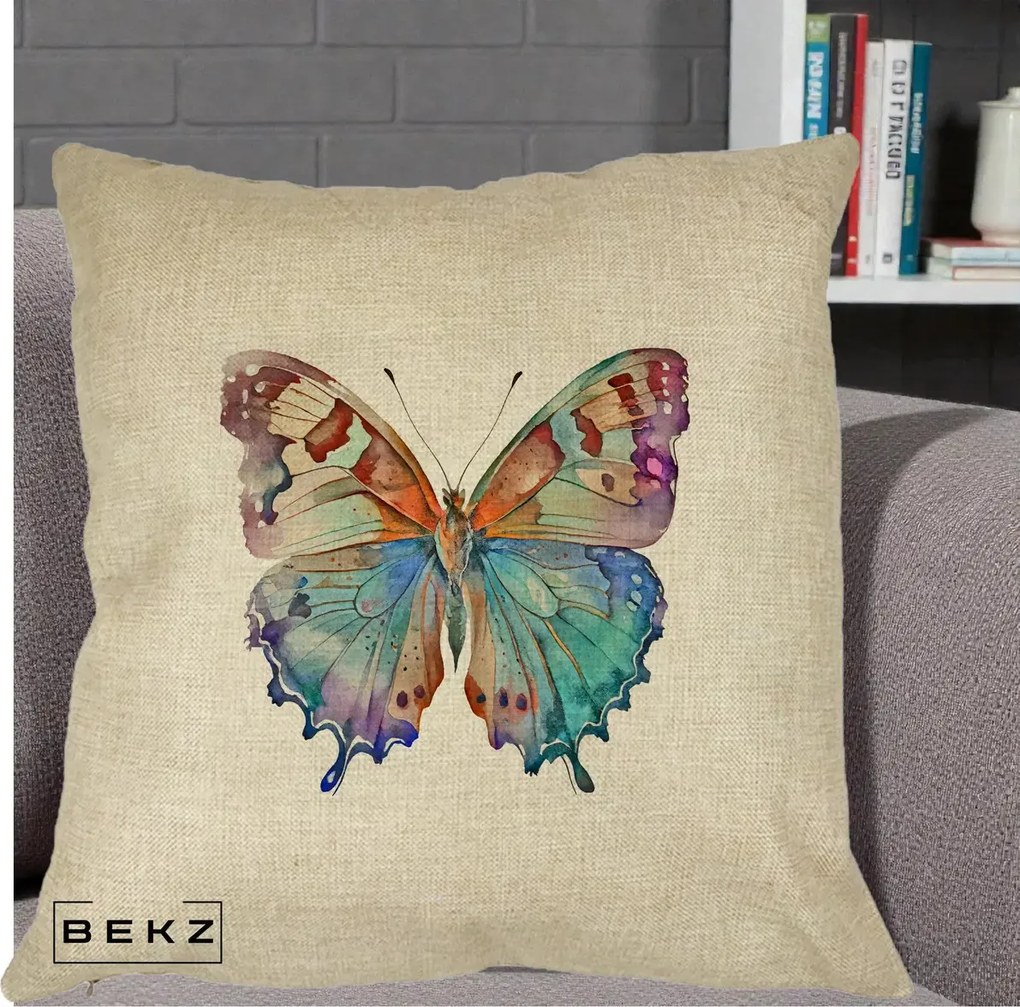 Perna Decorativa Fluture Acuarela Multicolor Portocaliu-Bleu-Mov, 40x40 cm, Crem, Husa Detasabila, Perna Inclusa, BEKZ®