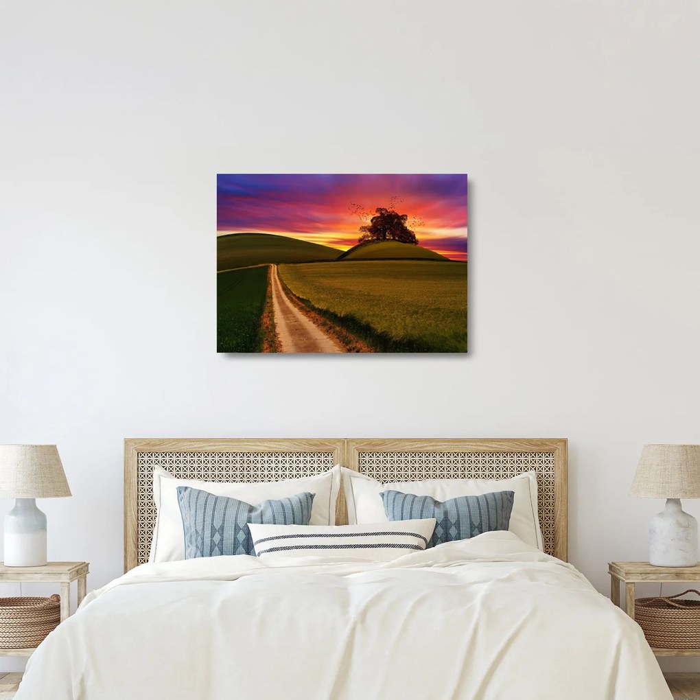 Tablou pe sticlă câmpului cu apus de soare (70x50 cm)