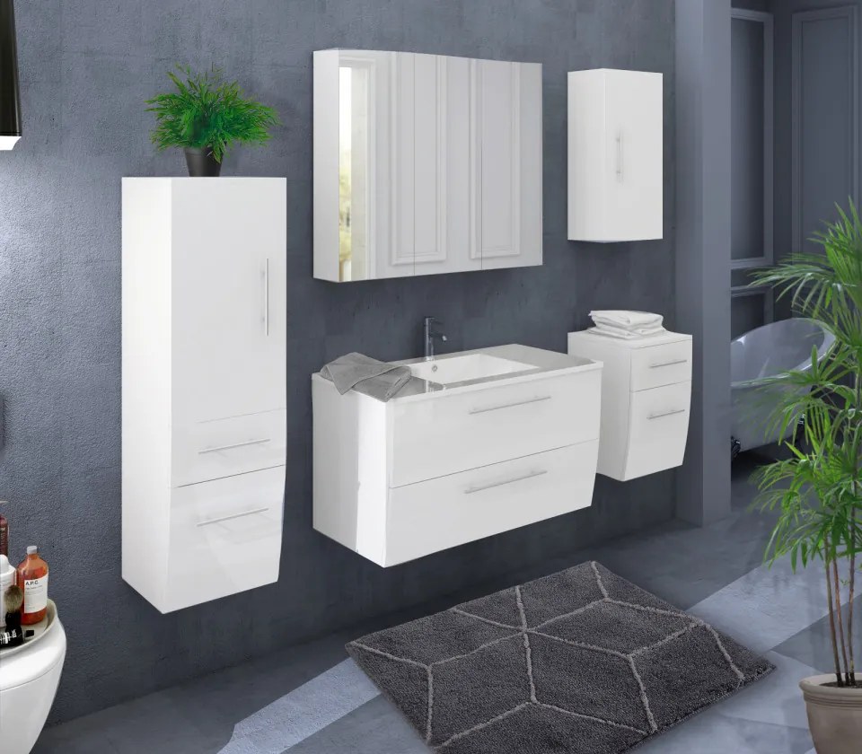 Set 5 piese mobilier pentru baie, alb, 90 cm