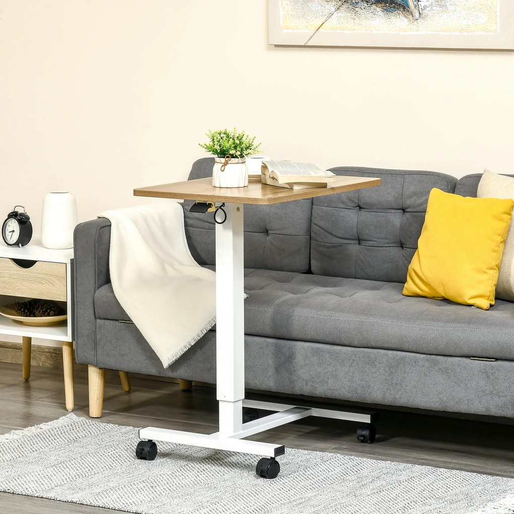 HOMCOM Birou reglabil în înălțime cu 4 roți tip C 65 cm x 48 cm x 70-110 cm, Natură + Alb | Aosom Romania