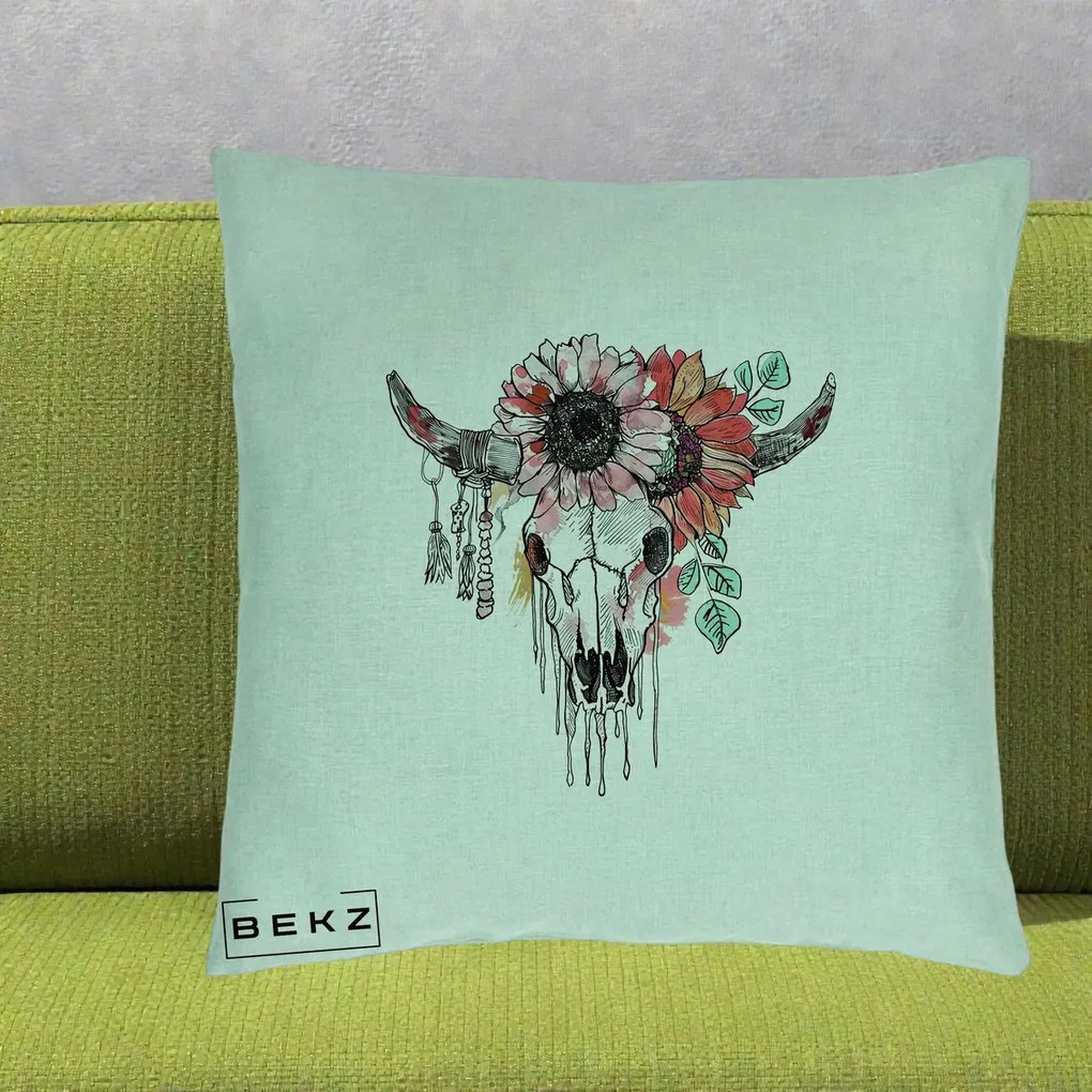 Perna Decorativa Craniu Boho Floral, 40x40 cm, Verde Menta, Husa Detasabila, Perna Inclusa, BEKZ®