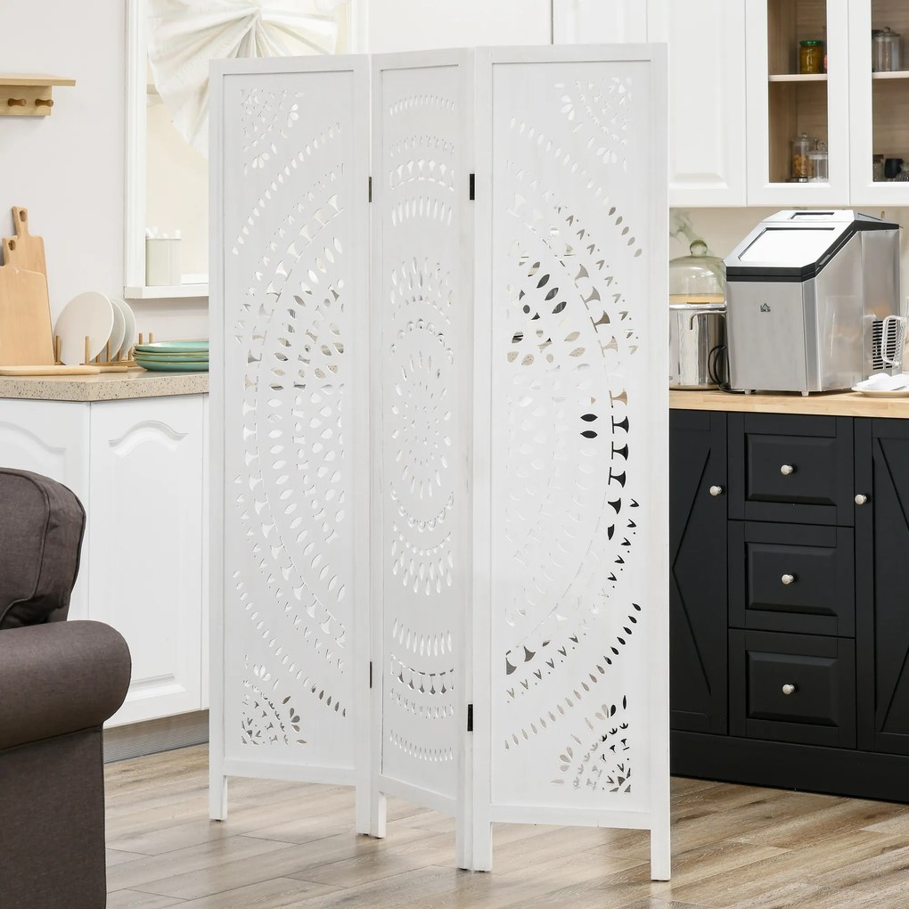 HOMCOM Paravan Interior cu 3 Panouri, Separator Pliabil de Interior, din Lemn Cioplit, 120x170 cm, Alb | Aosom Romania