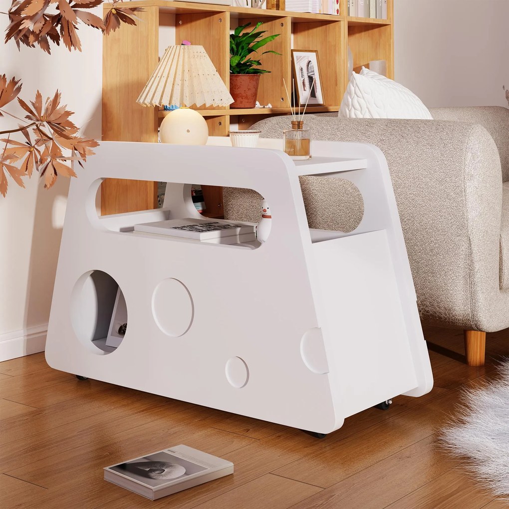 Măsuță laterală cu roți, colțuri rotunjite, mobilă, economisitoare de spațiu, pentru living și dormitor, 81x33x51,5 cm, Albă