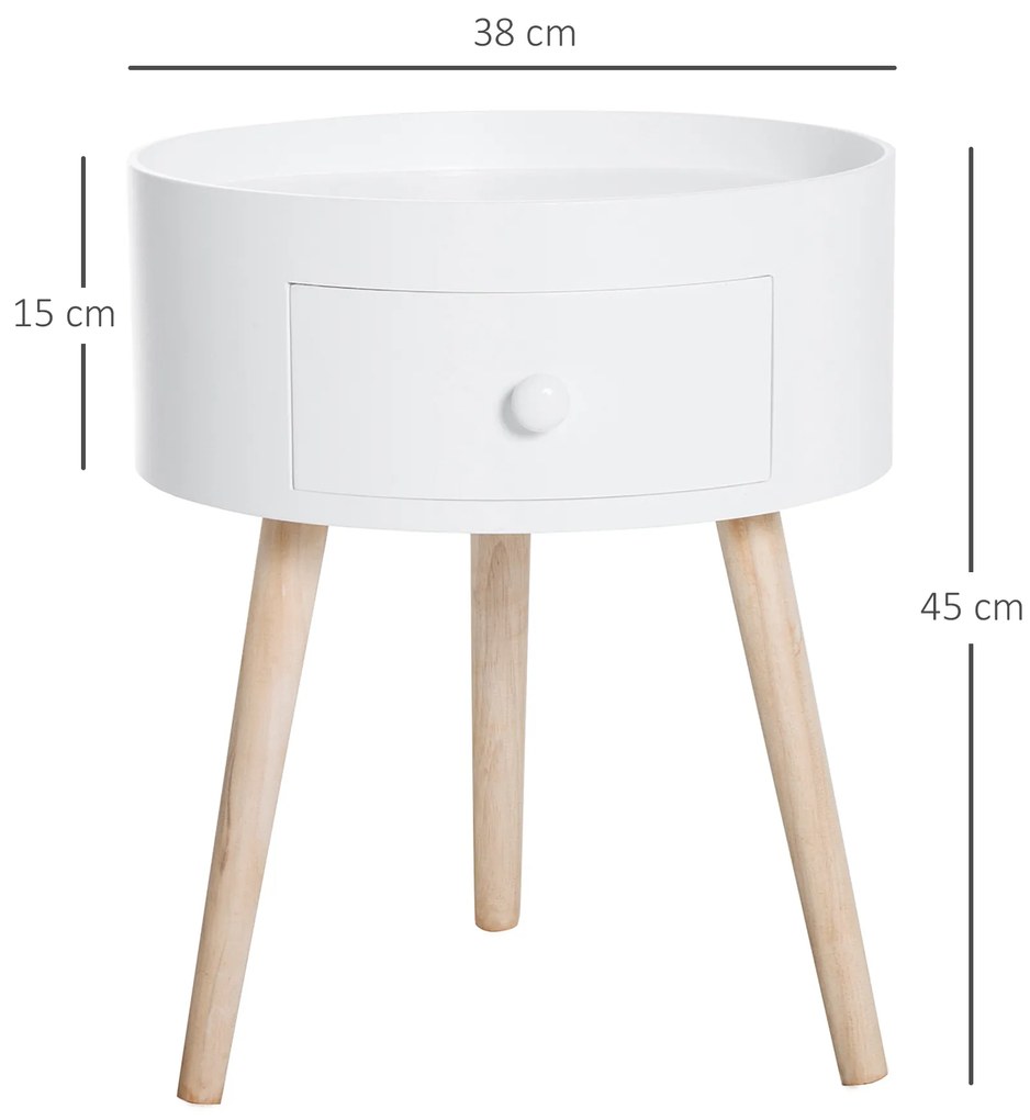 HOMCOM Masa de cafea cu sertar, rotundă, design scandinav, margine de protecție, lemn, Ø38 x H45 cm, Alb | Aosom Romania