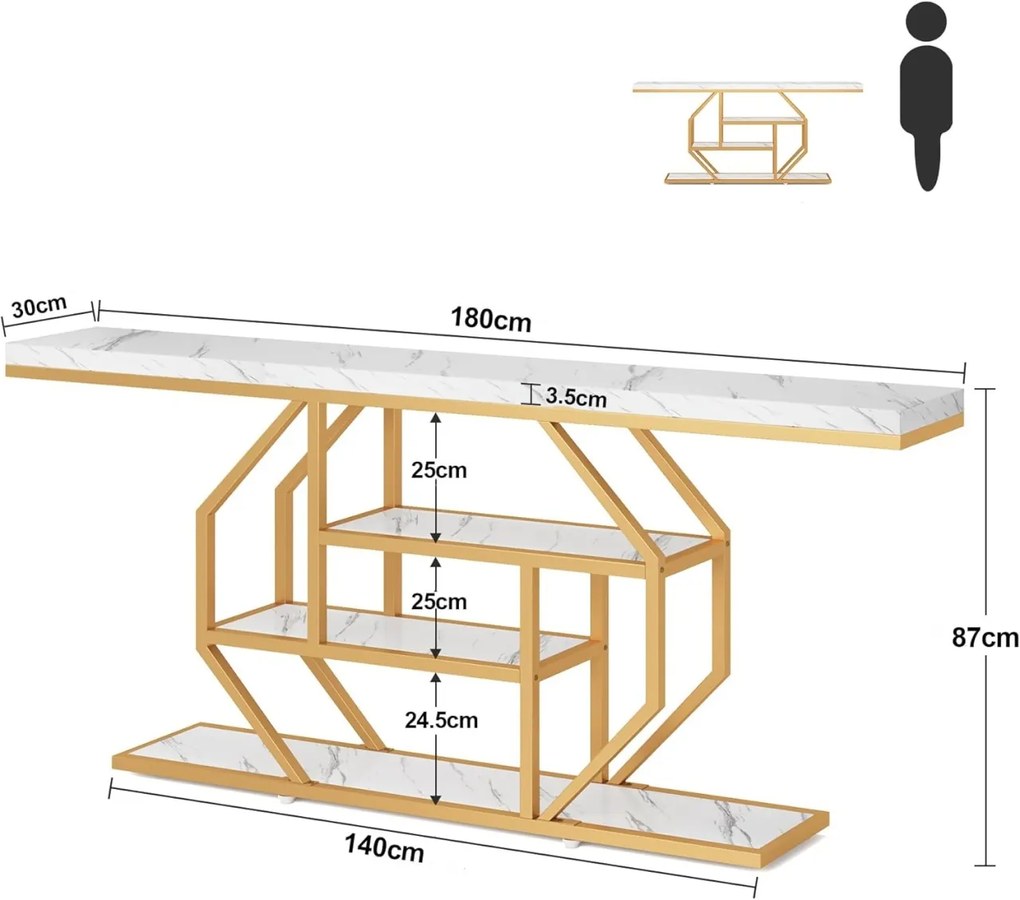 MAU38 - Masa Consola, 180 cm, masuta hol cu rafturi, living, dormitor - Auriu - Alb Imitatie de Marmura