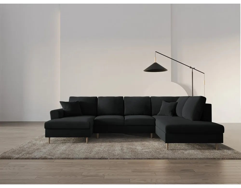 Colțar negru extensibil, cu spațiu de depozitare cu tapițerie din catifea (cu colț pe partea dreaptă-în formă de "U") Kyoto – Cosmopolitan Design