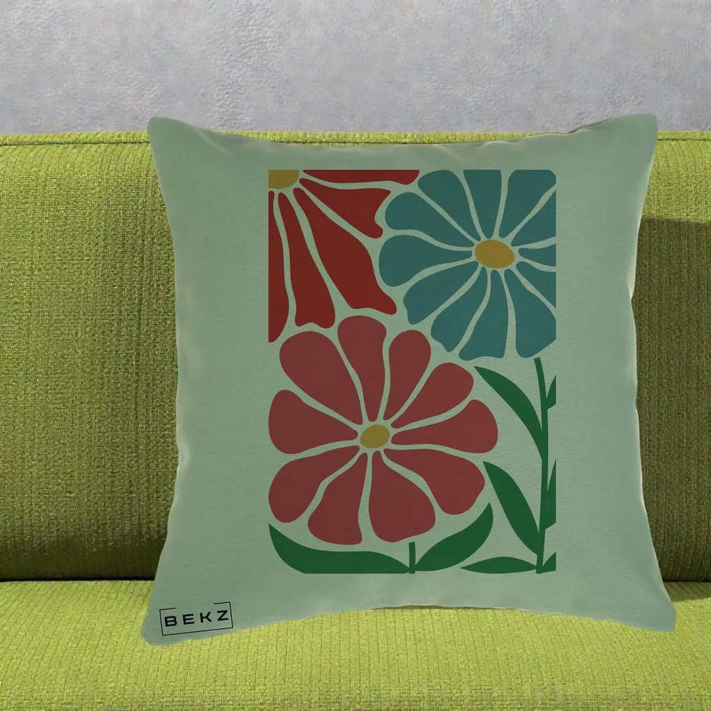 Perna Decorativa Flori Grafice Rosu-Albastru, 40x40 cm, Verde, Husa Detasabila, Perna Inclusa, BEKZ®