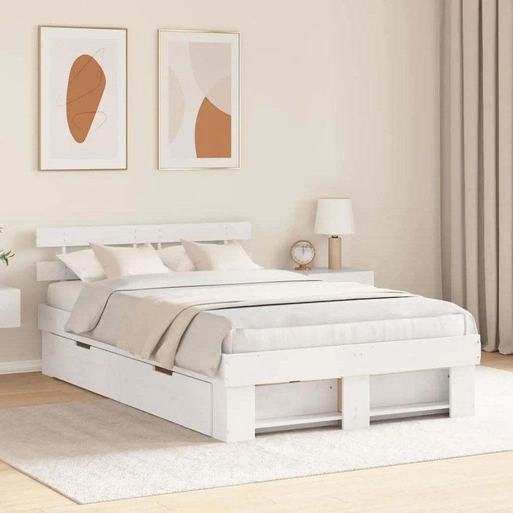 vidaXL Cadru de pat cu sertar cu headboard cu depozitare Alb 140 x 190 cm Lemn de brad solid